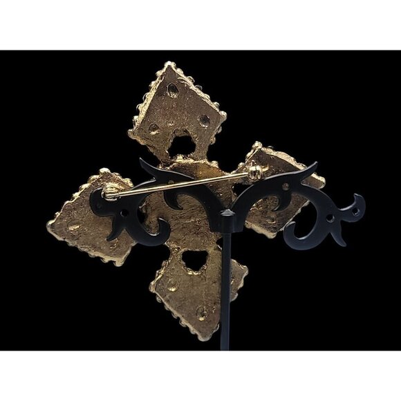 Four Point Dotted Cross Brooch Blue Fauceted Large Rhinestones Gold Tone - Picture 9 of 13